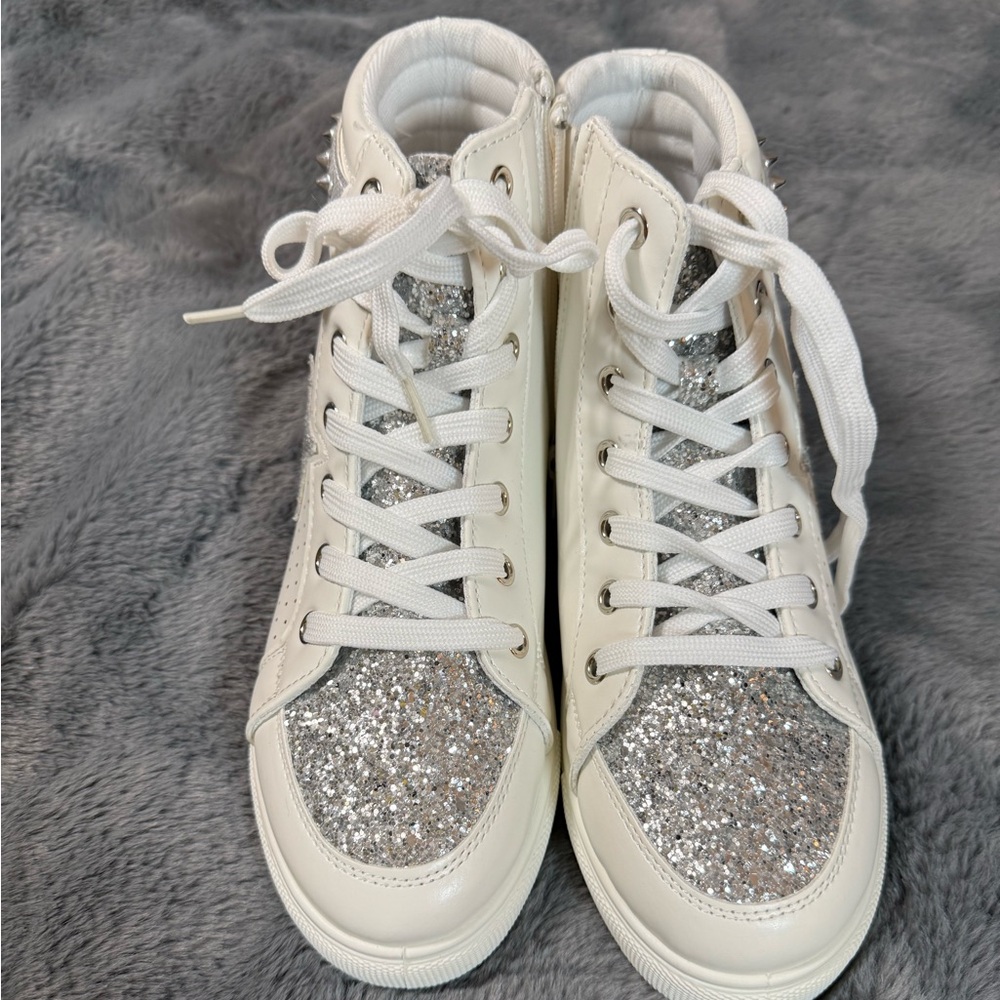 Women's White and Silver High-Top Sneakers